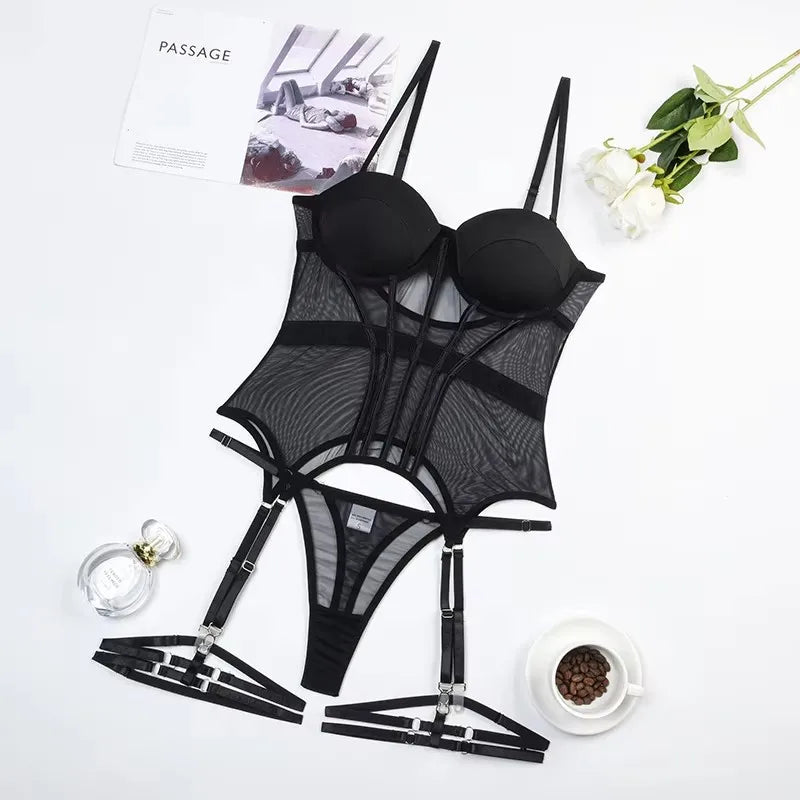 Mesh Lingerie Bodysuit Backless Top & 3-Piece Garter Set Sexy Women’s Intimate Wear