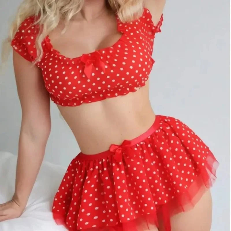 Polka Dot Off-Shoulder Lingerie Set with Garter Skirt – Sexy Short Skirt Outfit