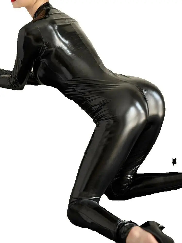 Black Faux Leather Zipper Bodysuit – Women Stretch Catsuit