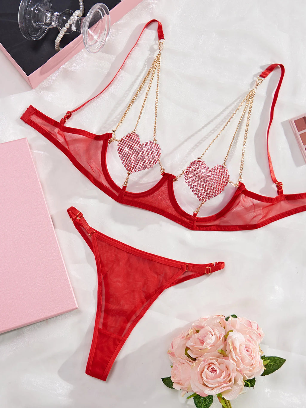 Heart-Shaped Chest Sticker Lingerie Set – Hollow Splicing Metal Chain Set