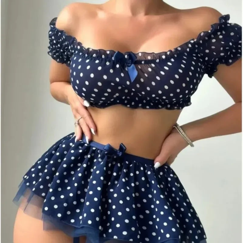 Polka Dot Off-Shoulder Lingerie Set with Garter Skirt – Sexy Short Skirt Outfit