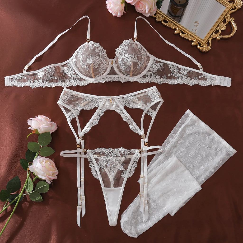 Sexy Floral Lingerie Set with Stockings