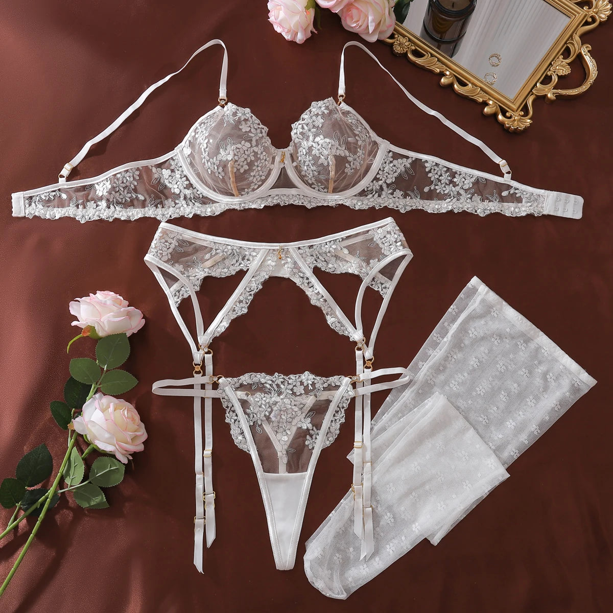 Sexy Floral Lingerie Set with Stockings