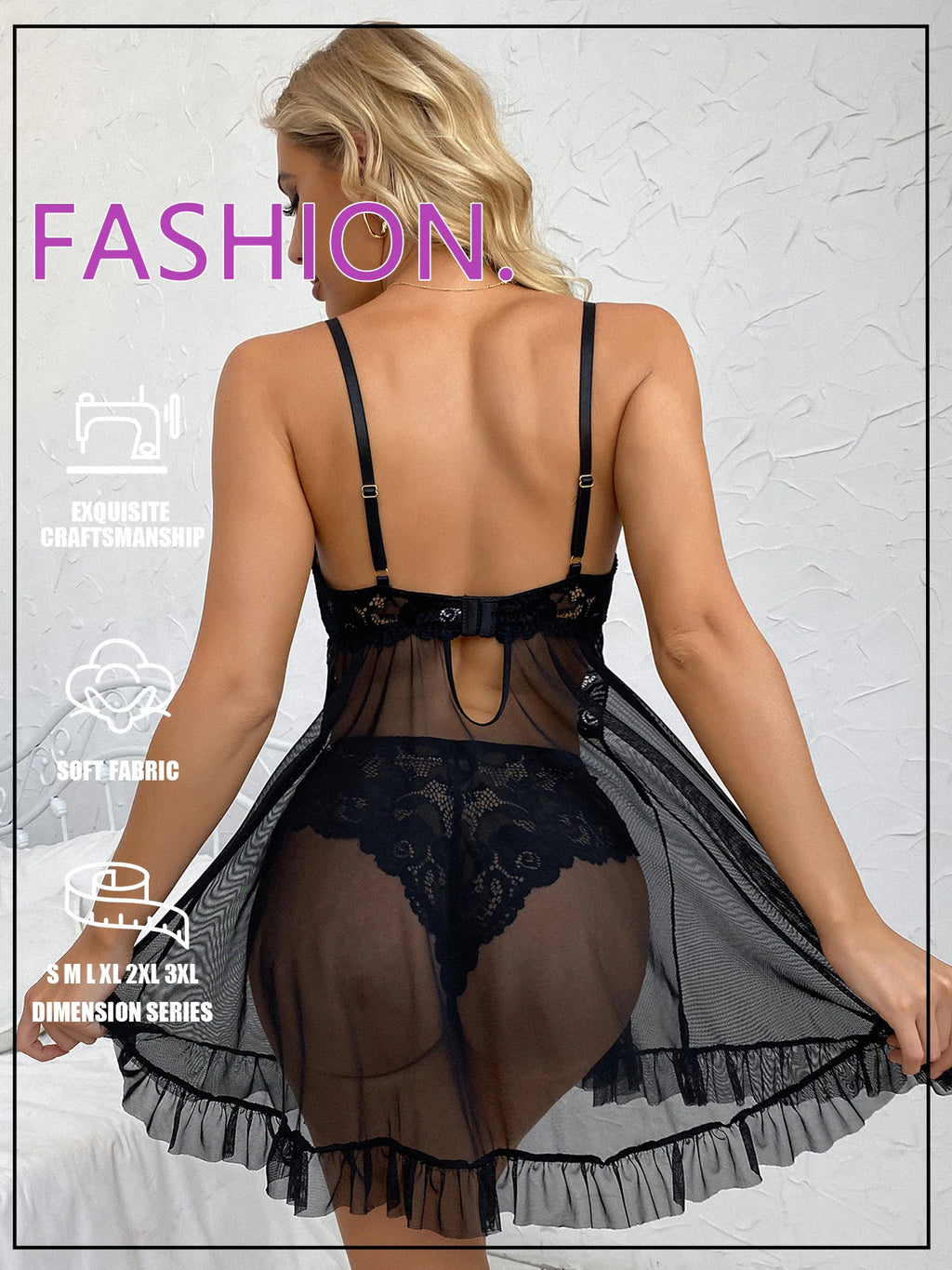 Sexy Lace Mesh V-Neck Backless Sheer Lingerie Dress Set Women Homewear All Season