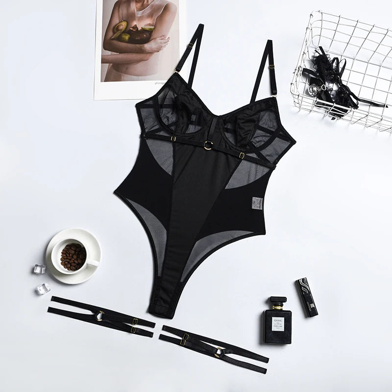 Patchwork Lingerie Bodysuit – Transparent Mesh High-Cut Underwear for Women