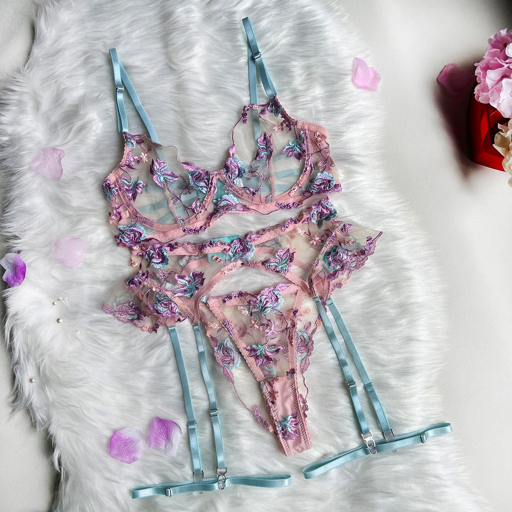 Floral Sheer Lingerie Set with Ruffle Garters