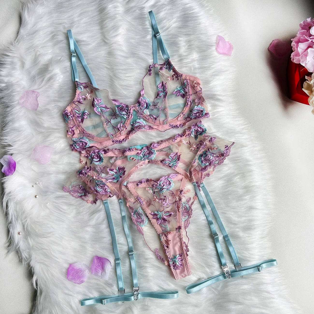 Floral Sheer Lingerie Set with Ruffle Garters