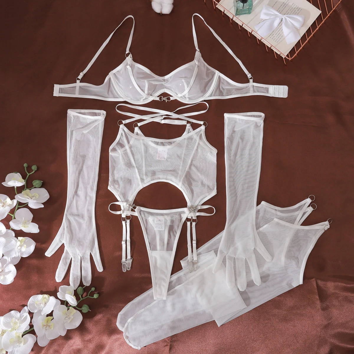 Sheer 3-Piece Lingerie Set with Stockings