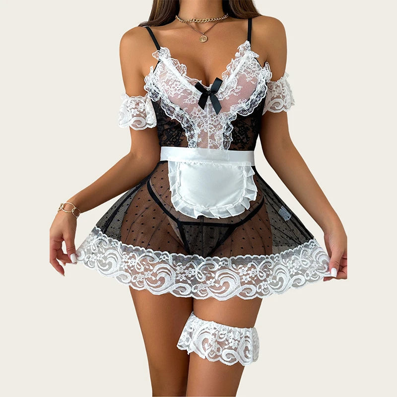 Lace Maid Cosplay Dress – Polka Dot Mesh Babydoll Costume