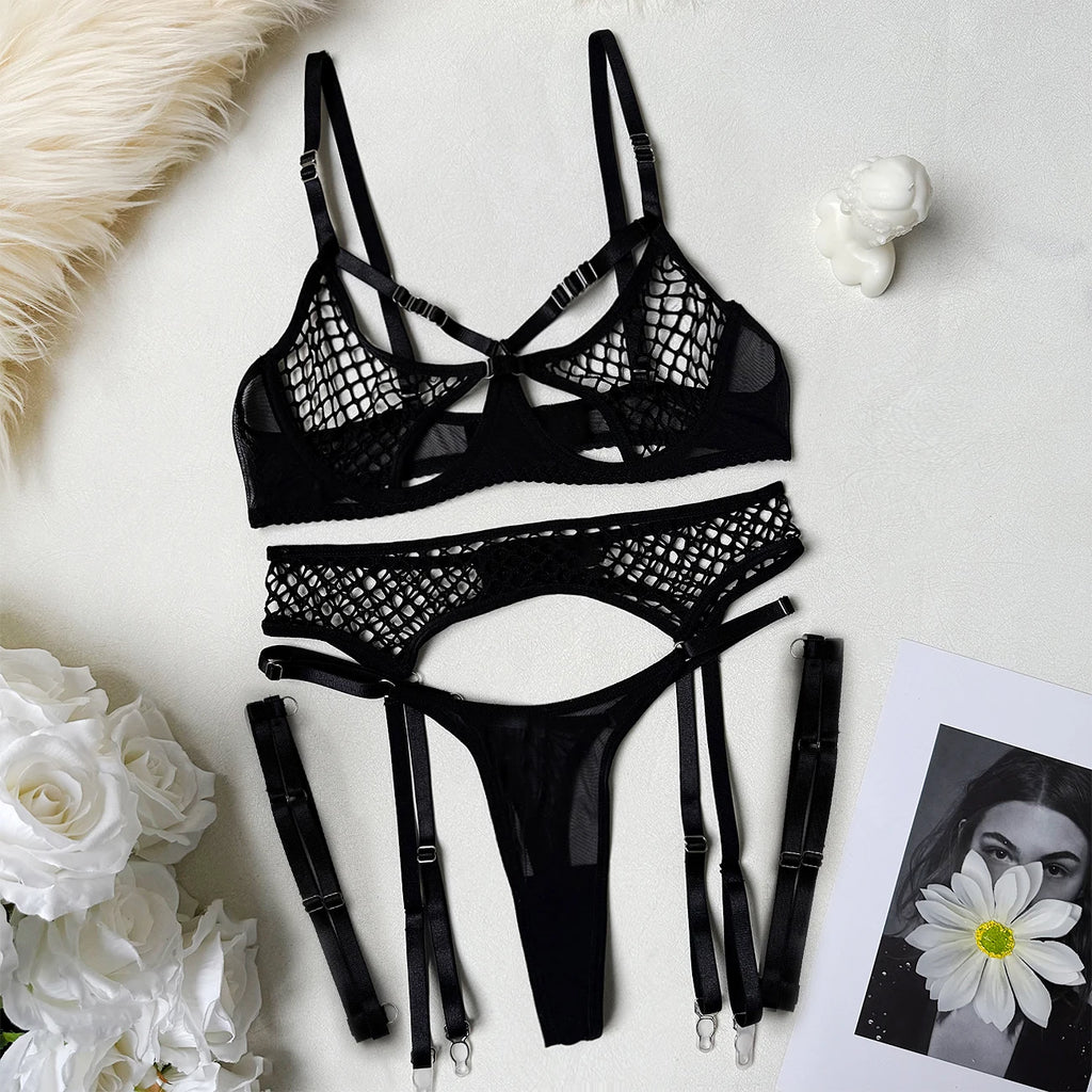 Seductive Lingerie Set – Sexy Sheer Fishnet Bra, Belt & Thong