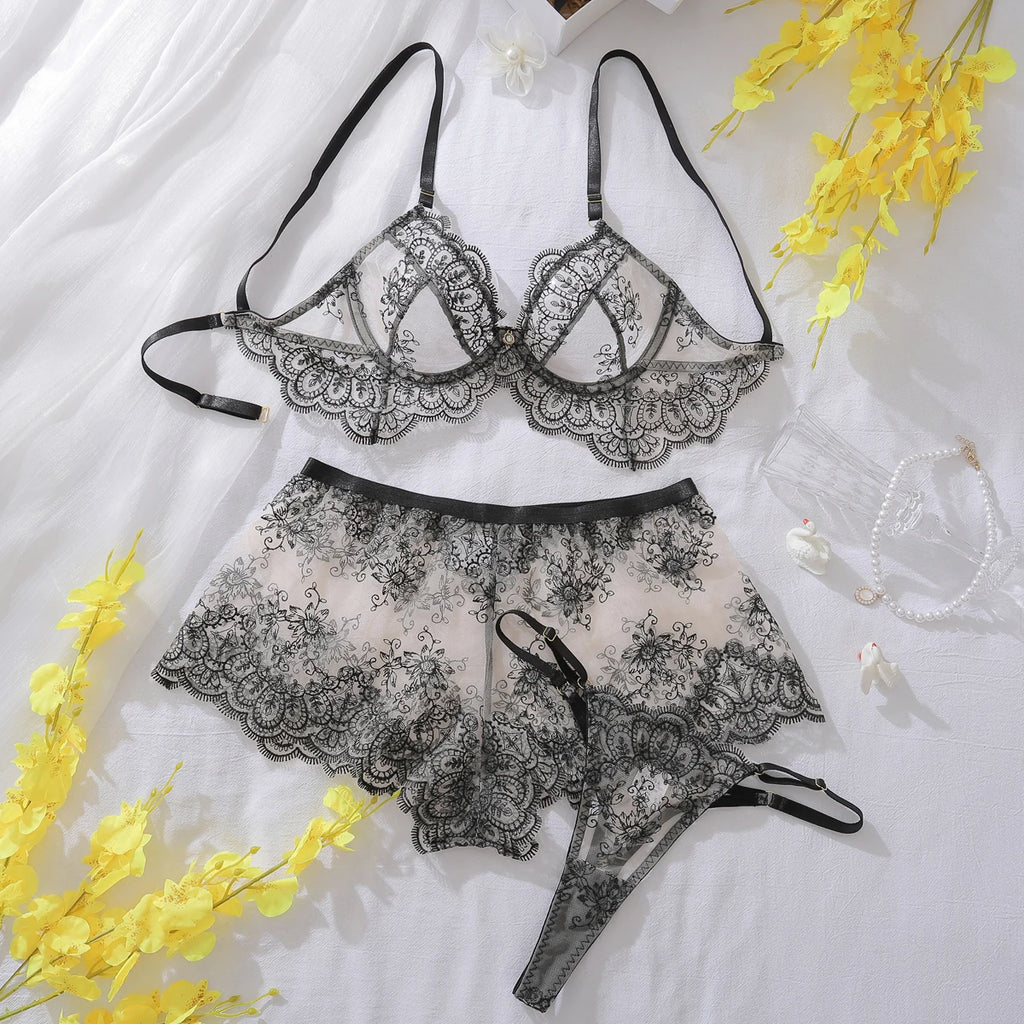 Sheer Lace Lingerie Set with Shorts