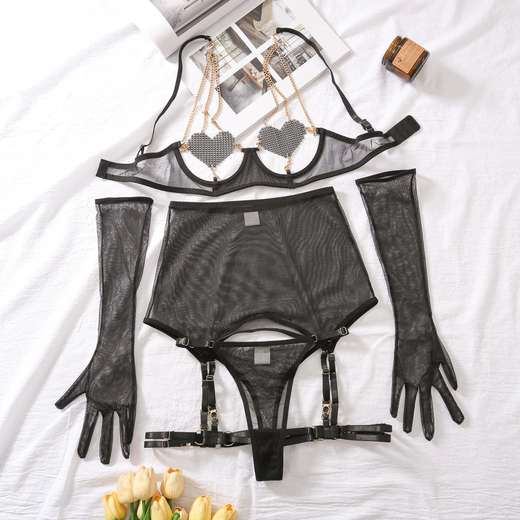 Heart-Shaped Chest Sticker Lingerie Set – Hollow Splicing Metal Chain Set