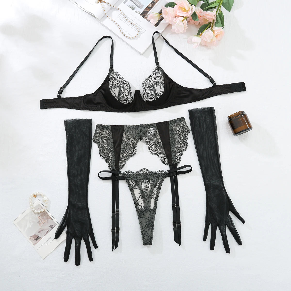 Sexy Embroidered Lace 4-Piece Lingerie Set