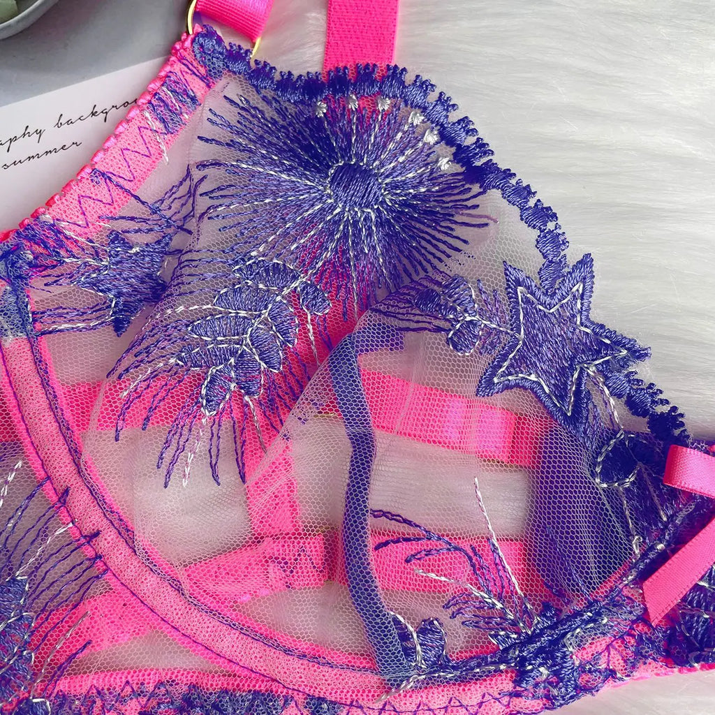 Pink Floral Lace Lingerie Set – Sheer Garter & Luxury Underwear for Women