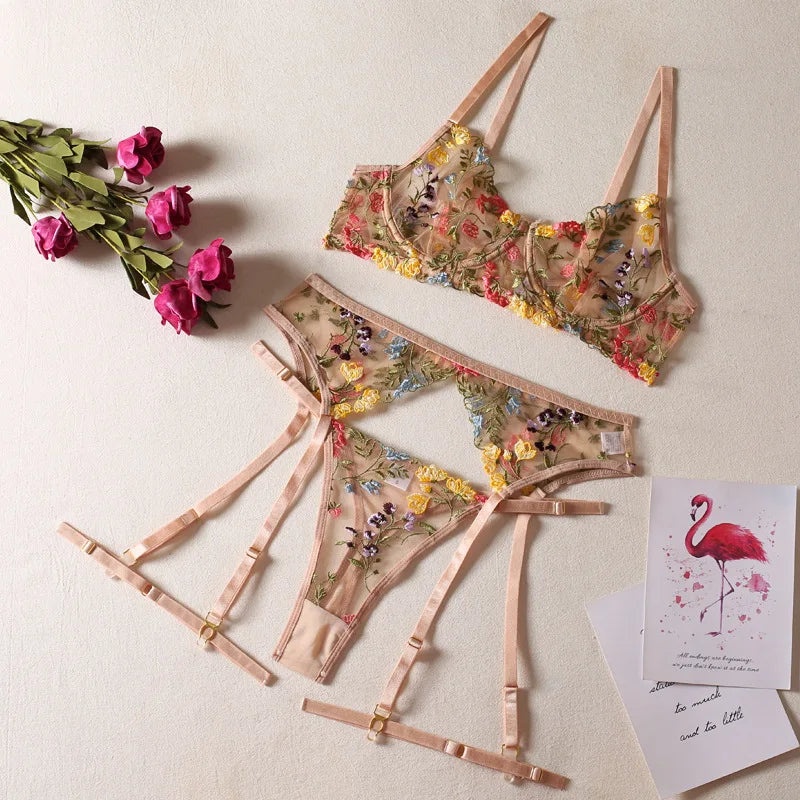 Sexy Lace Embroidery 3-Piece Lingerie Set