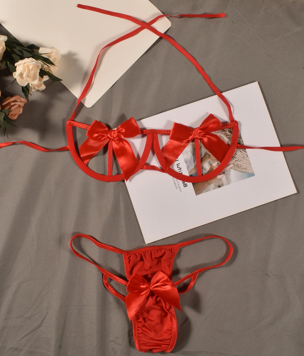 Red Bow Lace Lingerie Set – Halter Open Cup Bra & Thong, Stretch Fit