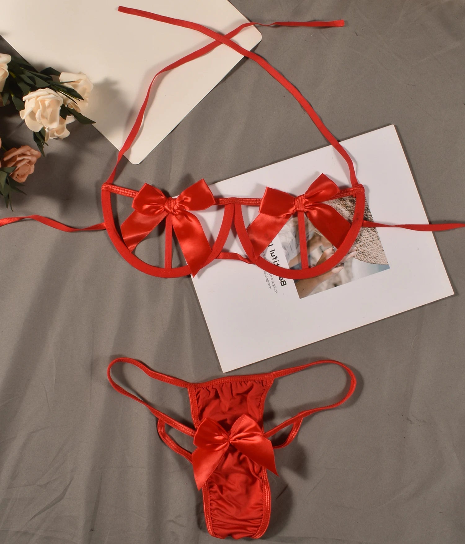 Red Bow Lace Lingerie Set – Halter Open Cup Bra & Thong, Stretch Fit