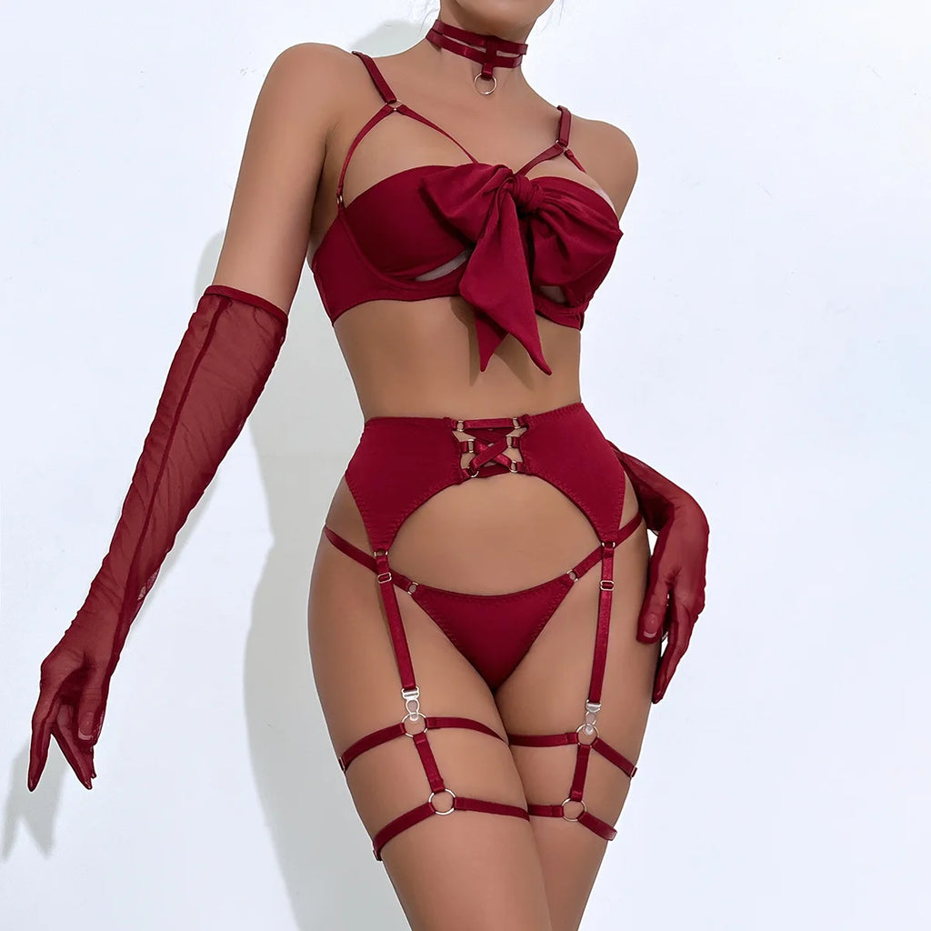 Sexy Bowknot Lingerie Set – Silk Open Bra with Garter & Thong, Intimate Outfit