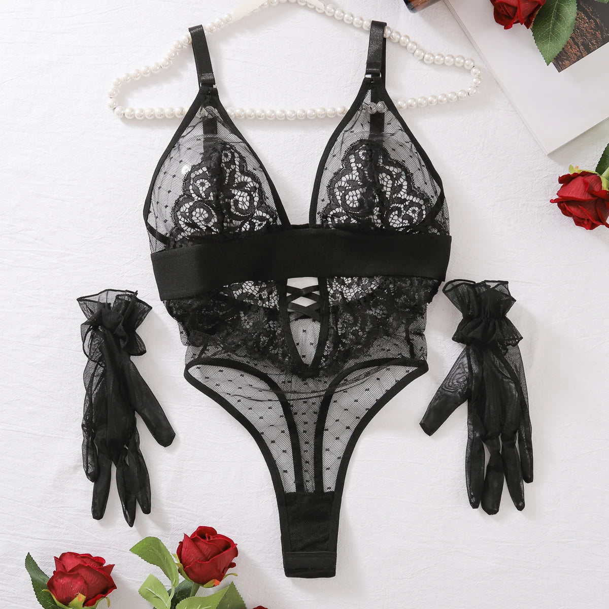 Women’s Polka Dot Mesh See-Through Lingerie Jumpsuit – Sexy Bodysuit for Special Occasions