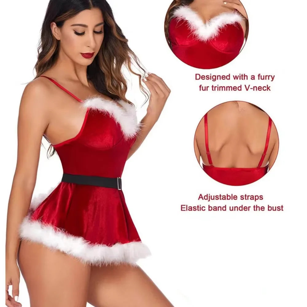 Party Rave Dress Up Women Christmas Costume Faux Fur Trim Red Flannel Underwired Bra Corset Sexy Camisole Dress