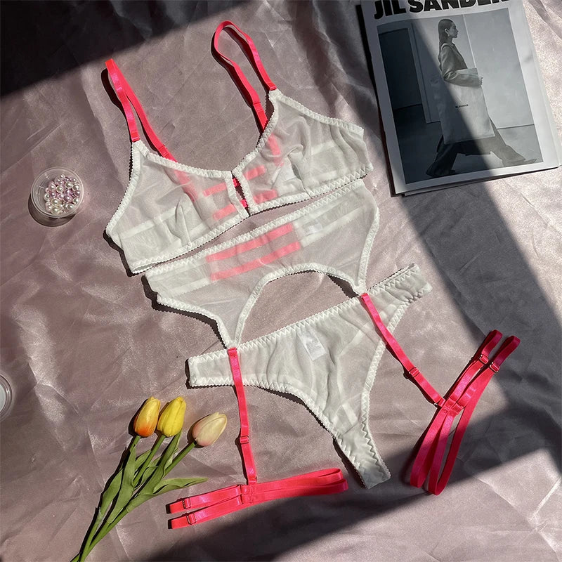 Sexy Push-Up Lingerie Set – Wirefree Bra & Panty with Mesh Corset, Garter & Thong