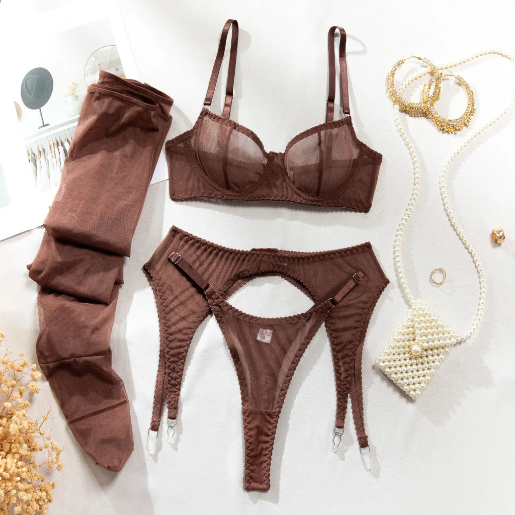Sheer Mesh 3-Piece Lingerie Set with Stockings
