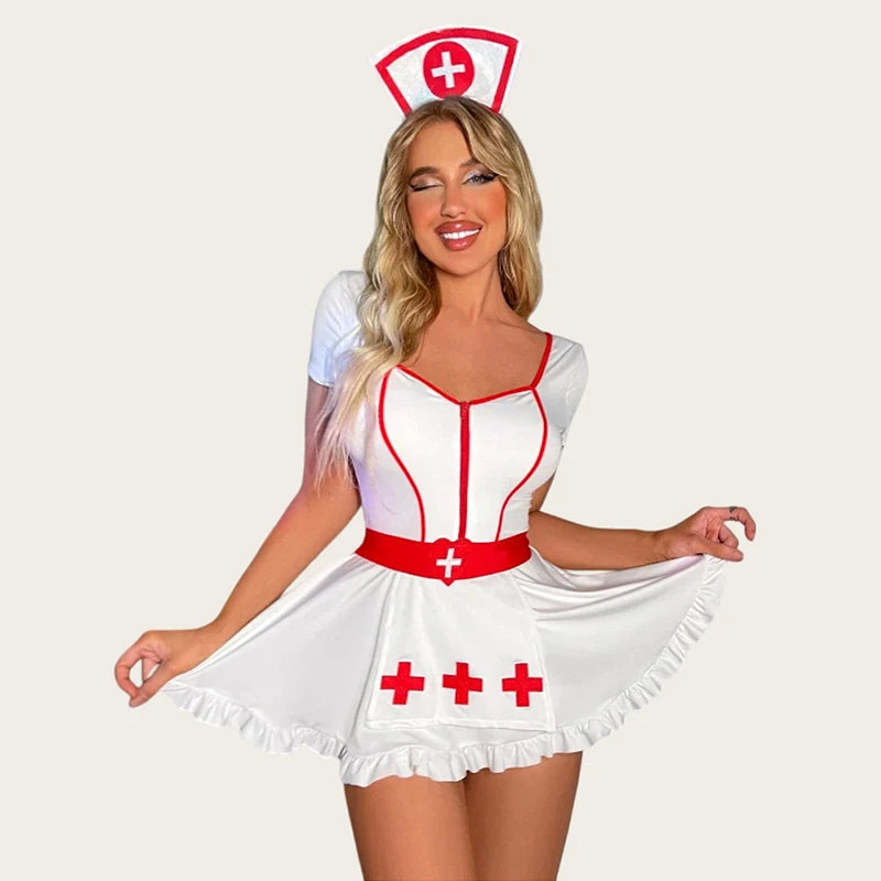V-Neck Backless Nurse Cosplay Costume – Lingerie Night Dress Set