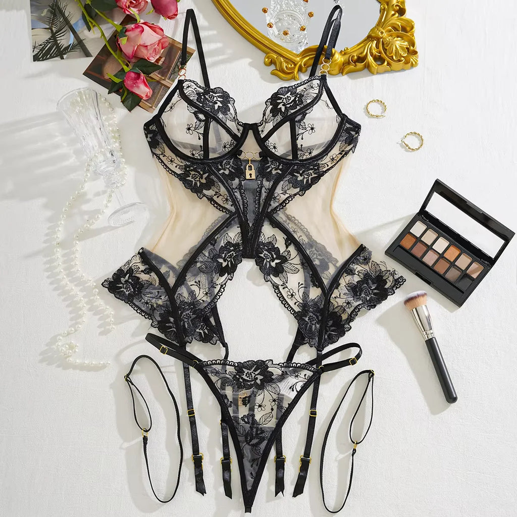 Elegant Mesh Lace 3-Piece Lingerie Set